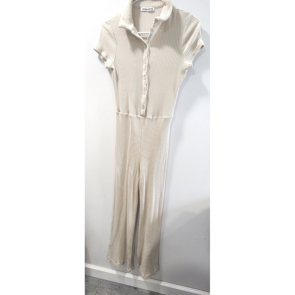 Reformation Ribbed Knit Jumpsuit Cream Beige Short Sleeve Wide Leg Polo Collar - Picture 2 of 11